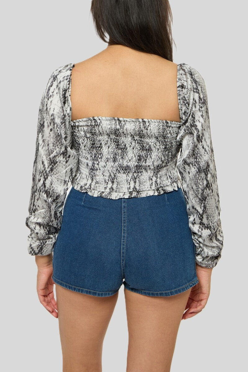 Snake Print Smocked Peasant Top