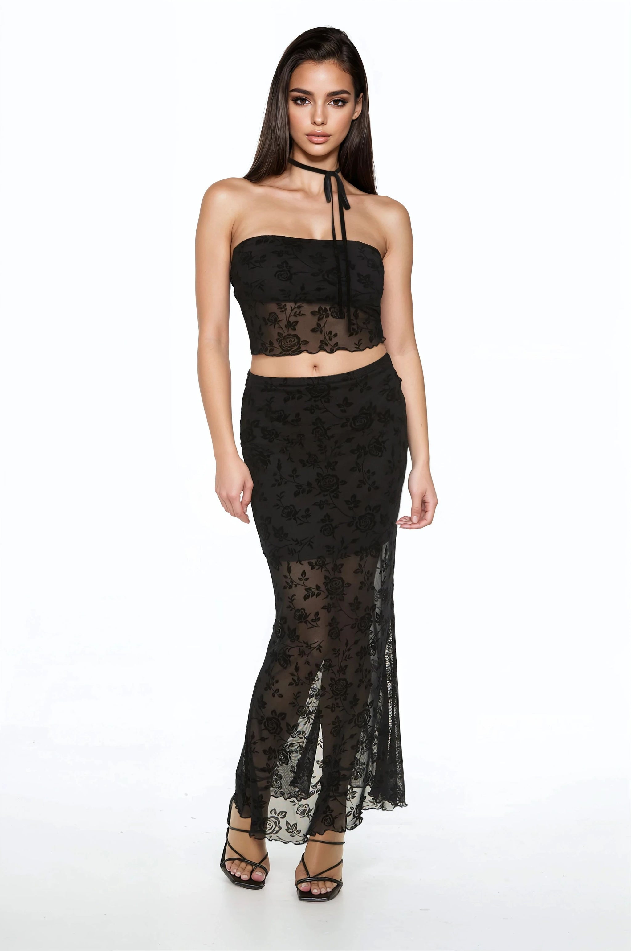 Floral Lace Tube Top Skirt Set - Main Image