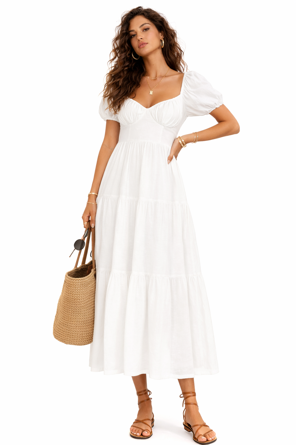 fitted lace wedding dress Tiered Puff-Sleeve Maxi Dress