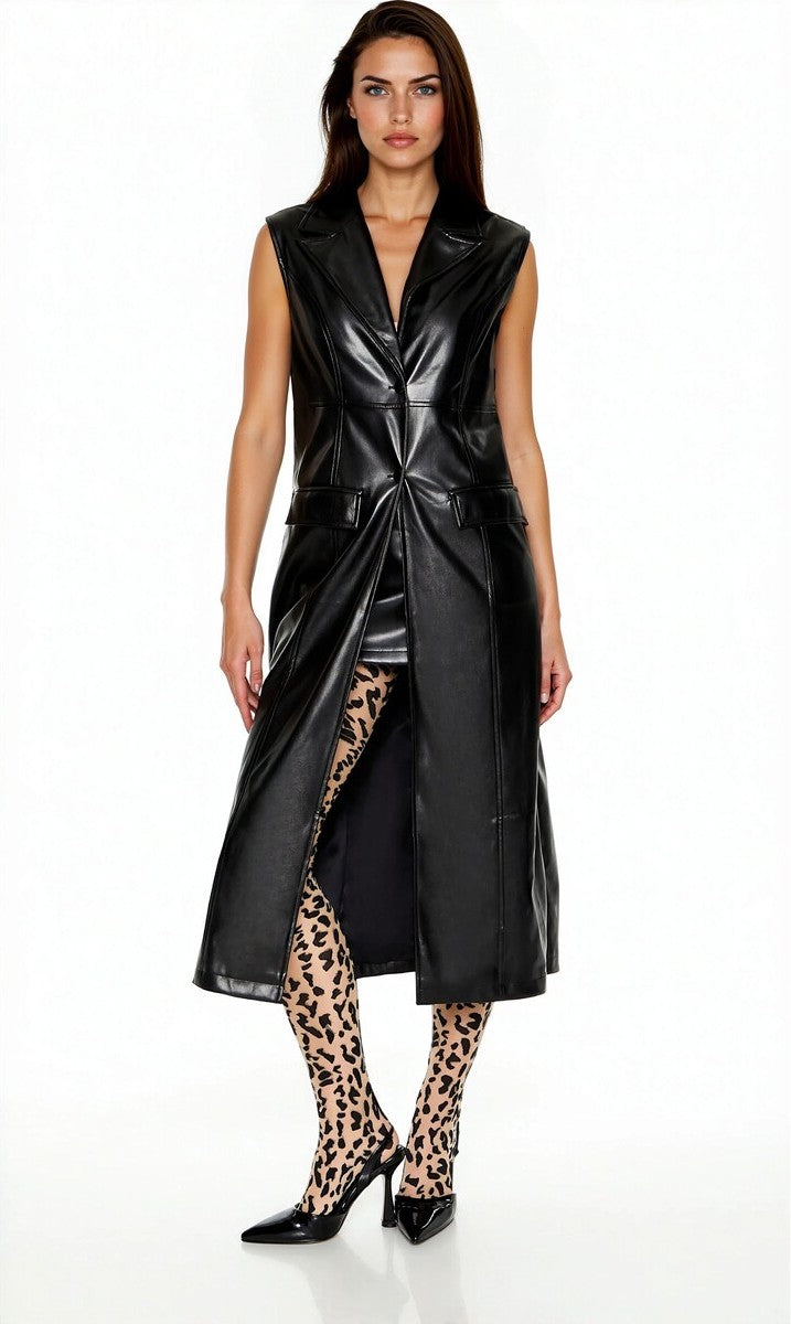 Notched Faux Leather Longline Vest Black / L Notched Faux Leather Longline Vest Black / L