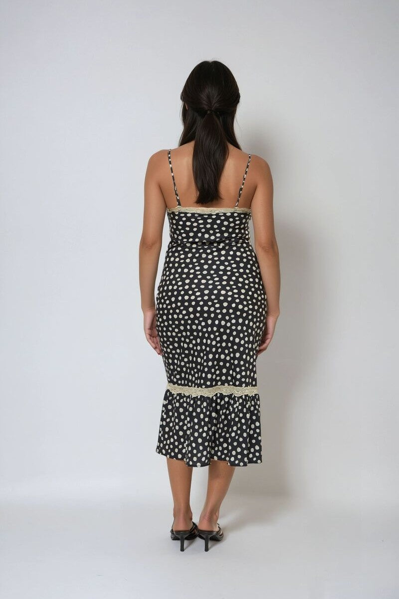 Polka Dot Lace-Trim Cami Midi Dress