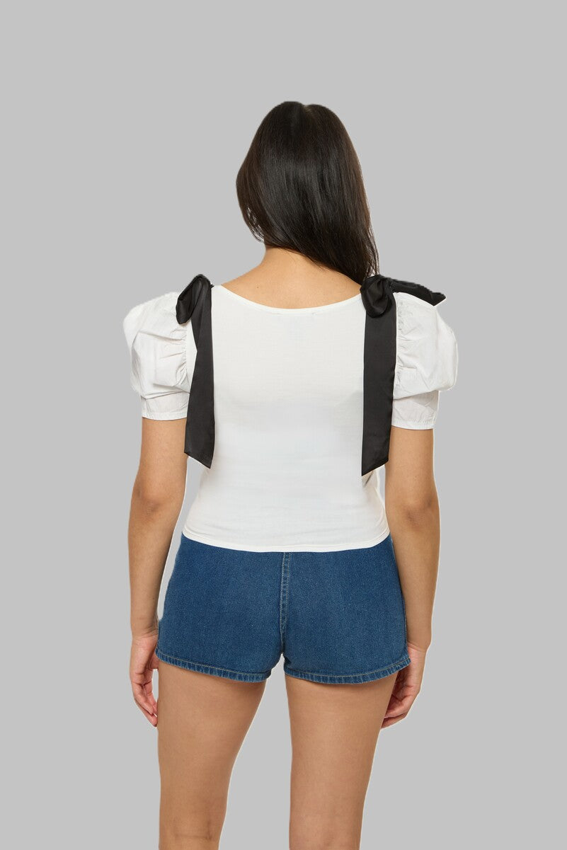 Puff-Sleeve Satin Bow Top