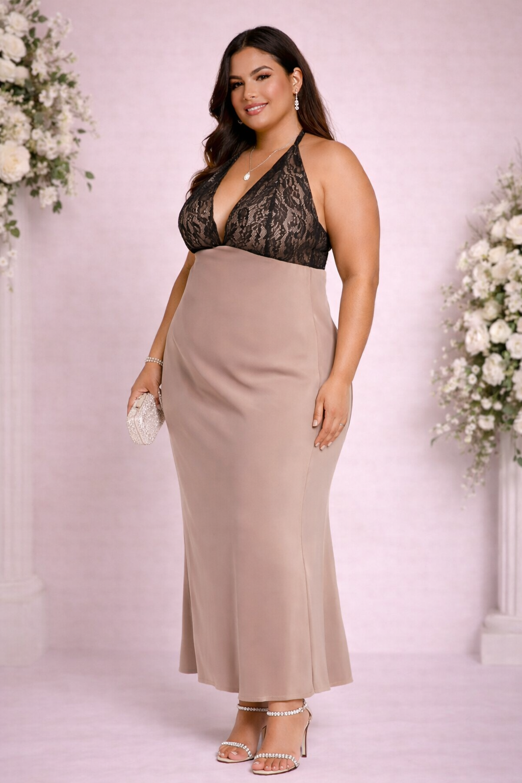 Plus Size Chiffon Halter Slip Maxi Dress OATMEAL/TAUPE / 2X Plus Size Chiffon Halter Slip Maxi Dress OATMEAL/TAUPE / 2X