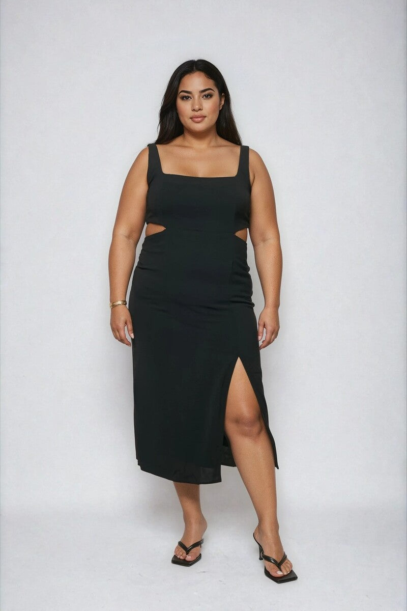 Black Dress With Slits On Both Sides Plus Size Black Side Slit Sleeveless  Dress w/ Bag Final Sale