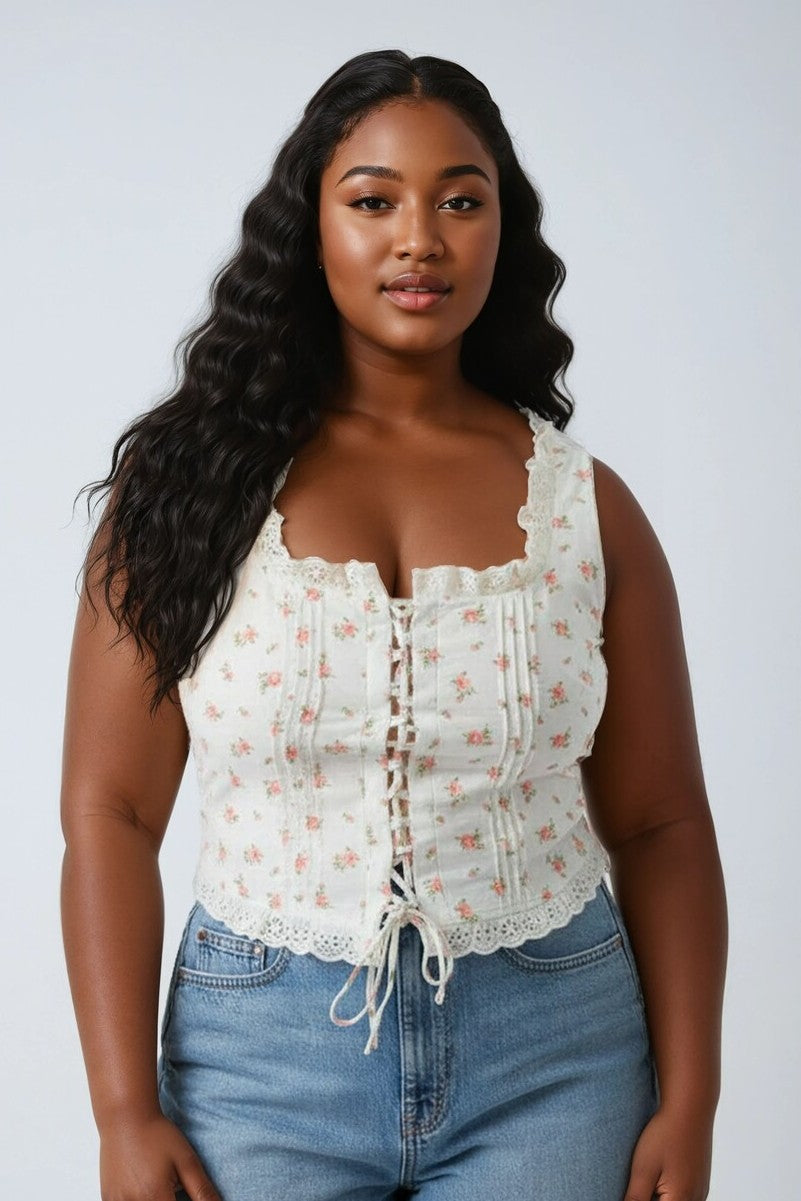 Plus Size Floral Tie-Front Lace Trim Top - Main Image