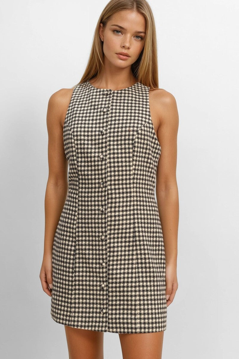 houndstooth print mini dress Sleeveless Houndstooth Button-Front Mini Dress