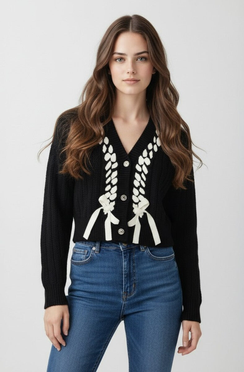 Braided Ribbon Cropped Cardigan Sweater