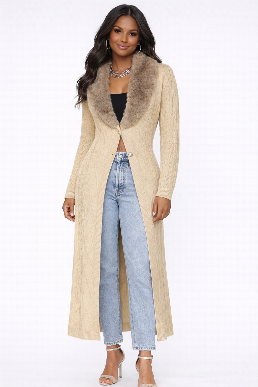 Faux Fur-Collar Cable Knit Longline Cardigan