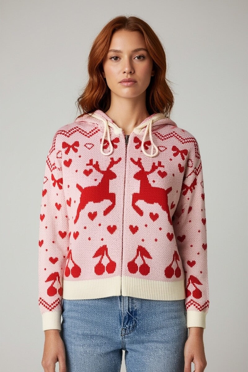 Reindeer Zip-Up Hoodie Sweater