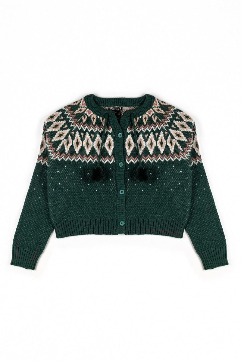 Fair Isle Pom-Pom Tie Cardigan