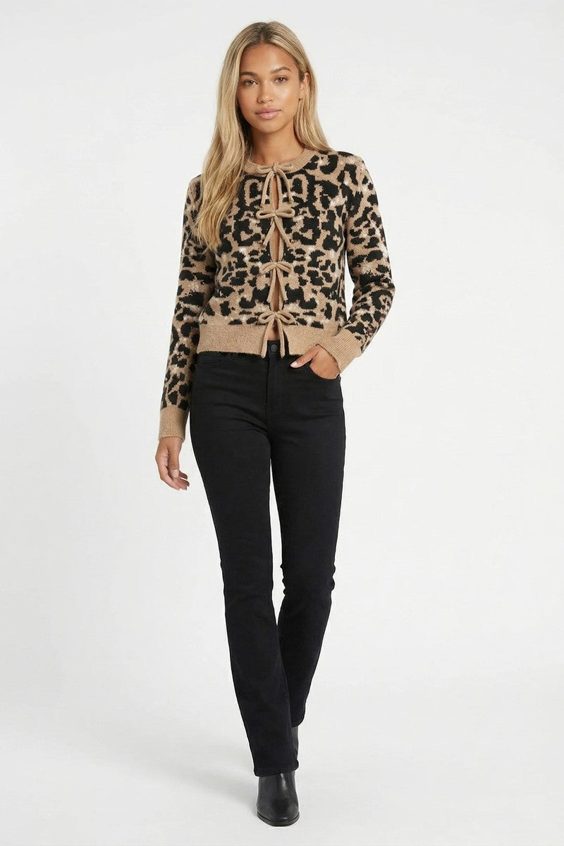 Leopard Lace-Up Bow Cardigan Sweater