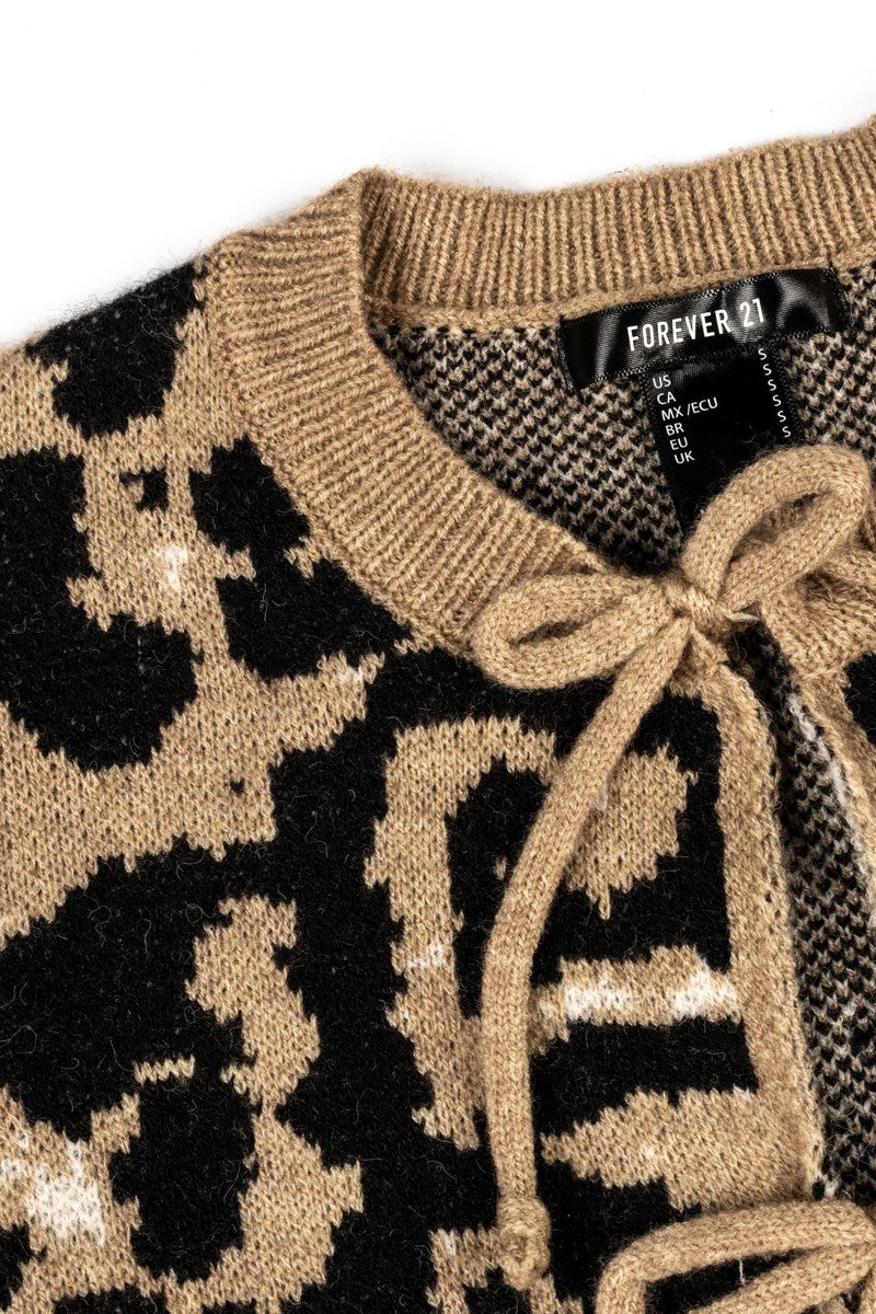 Leopard Lace-Up Bow Cardigan Sweater