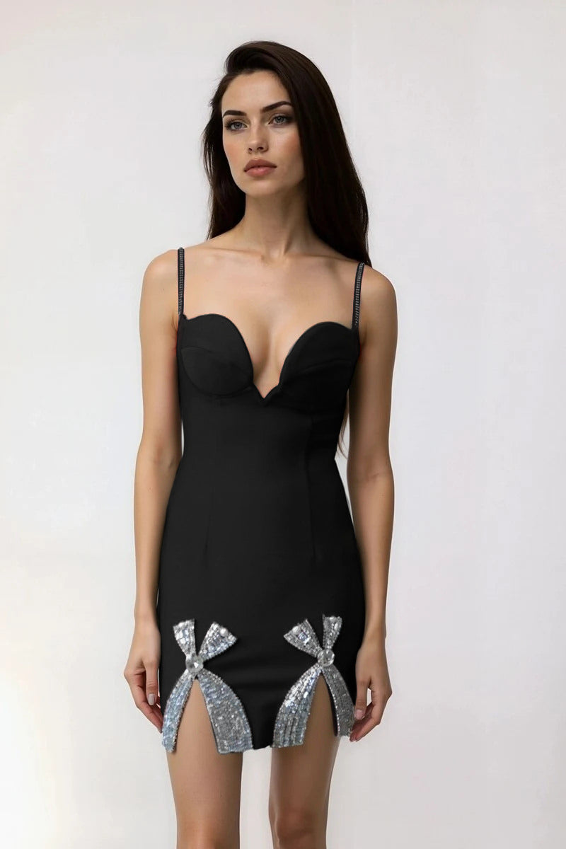Rhinestone Bow Sweetheart Bodycon Mini Dress Black / M Rhinestone Bow Sweetheart Bodycon Mini Dress Black / M