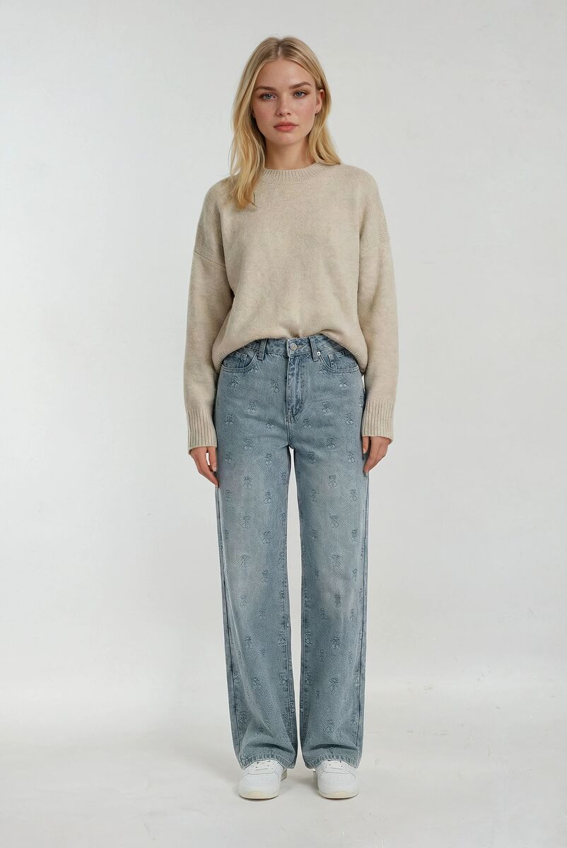 cigarette jeans forever 21 Mid-Rise Barrel leg denim with an allover cherry embroidery pattern Classic five Cherry Embroidered Wide-Leg Jeans LIGHT