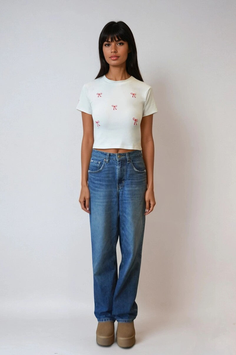 Embroidered Bow Cropped Tee