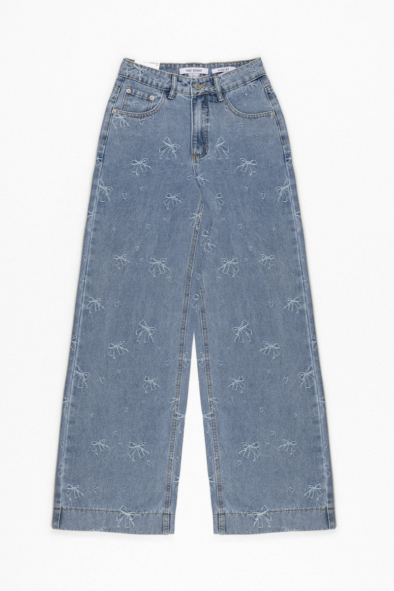 Embroidered Bow Print Wide-Leg Jeans