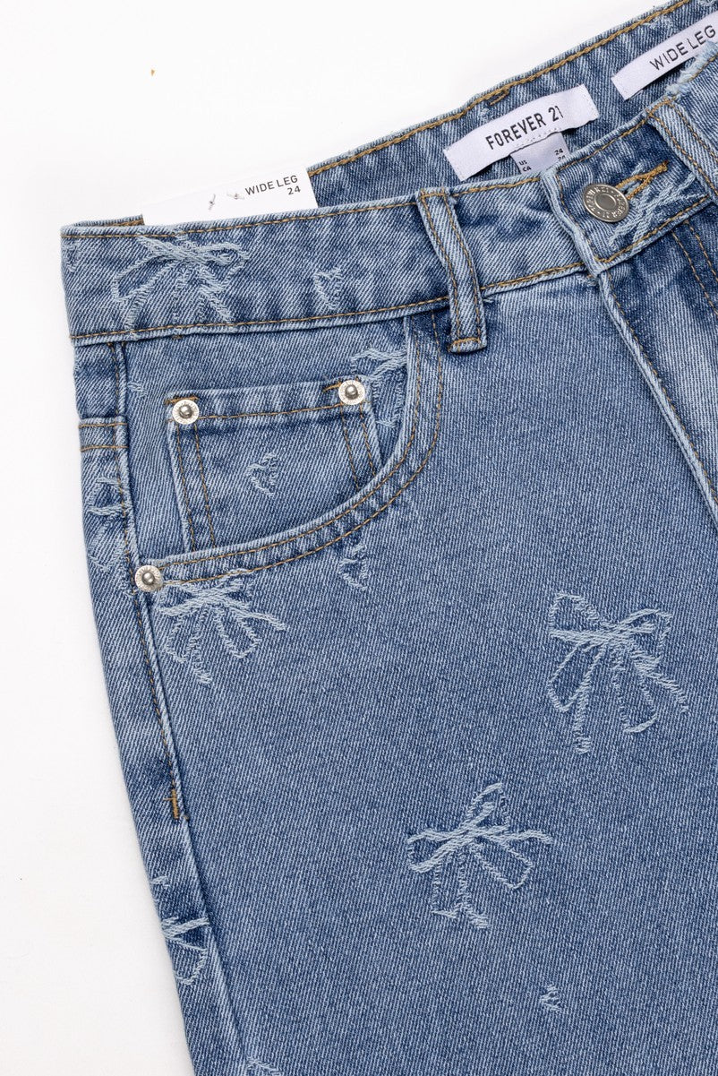 Embroidered Bow Print Wide-Leg Jeans