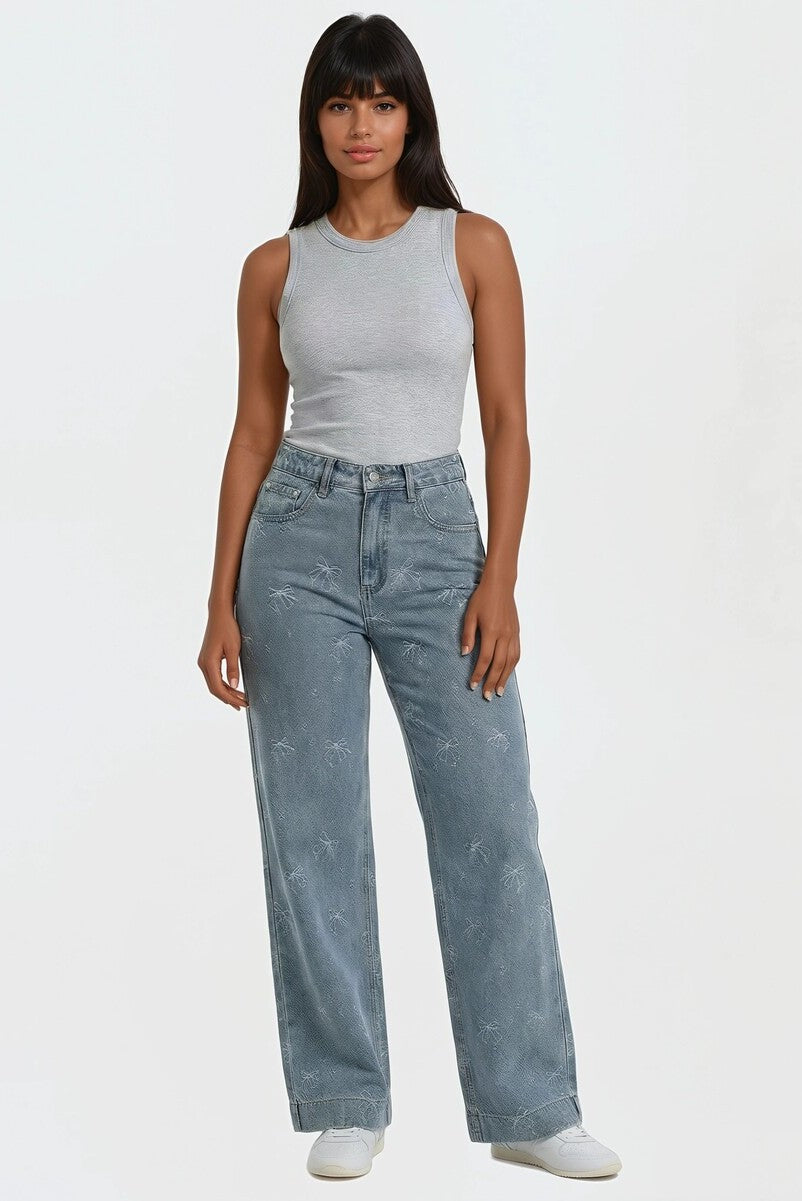 Embroidered Bow Print Wide-Leg Jeans
