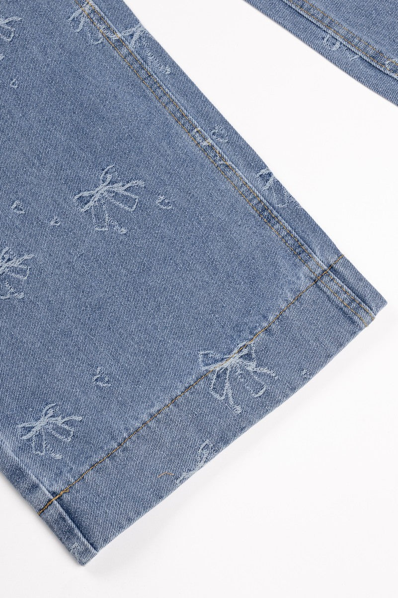 Embroidered Bow Print Wide-Leg Jeans