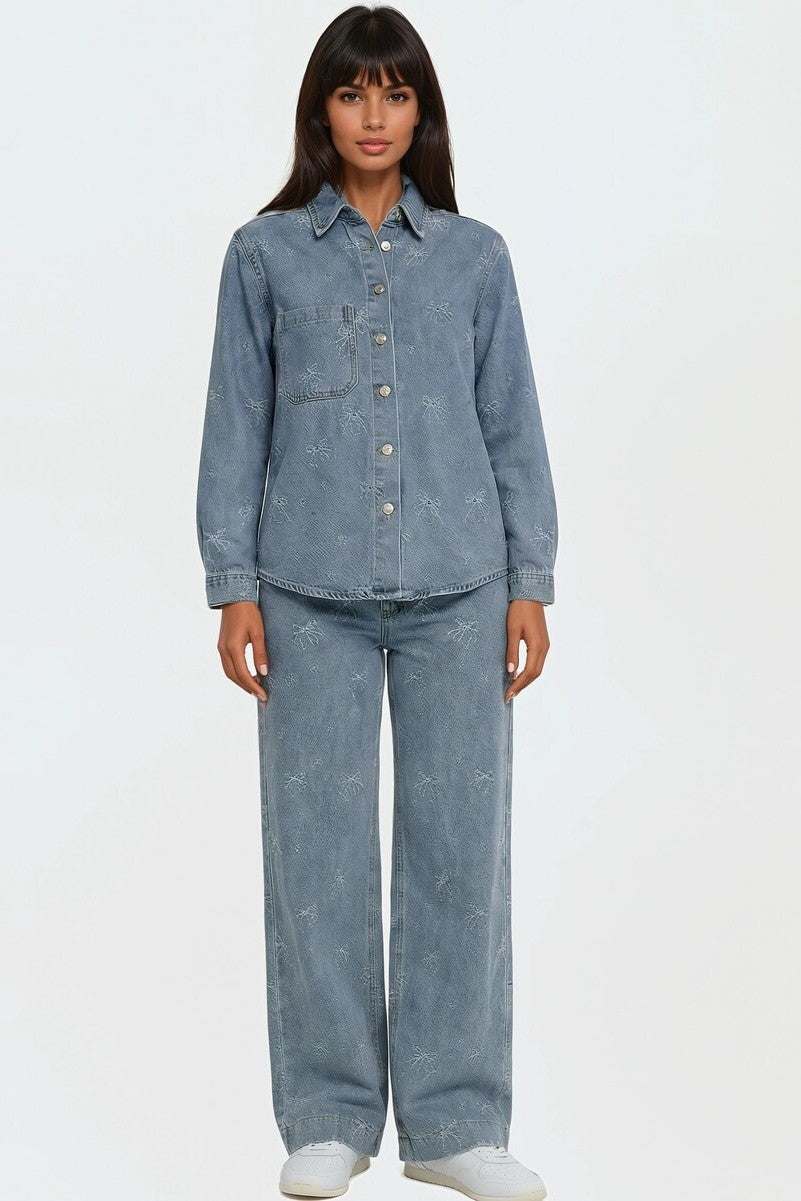 Embroidered Bow Print Wide-Leg Jeans