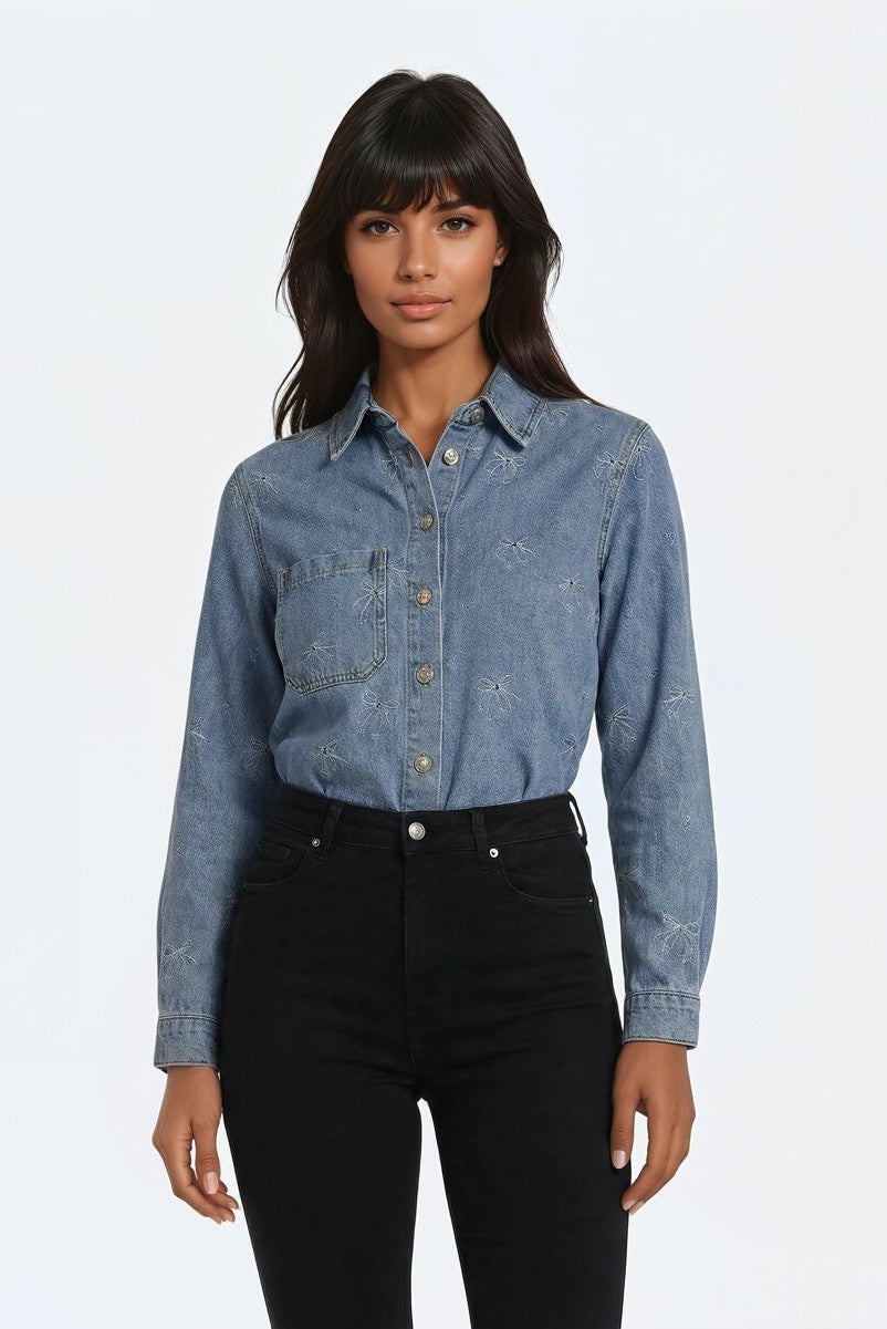 Embroidered Bow Print Oversized Denim Shirt