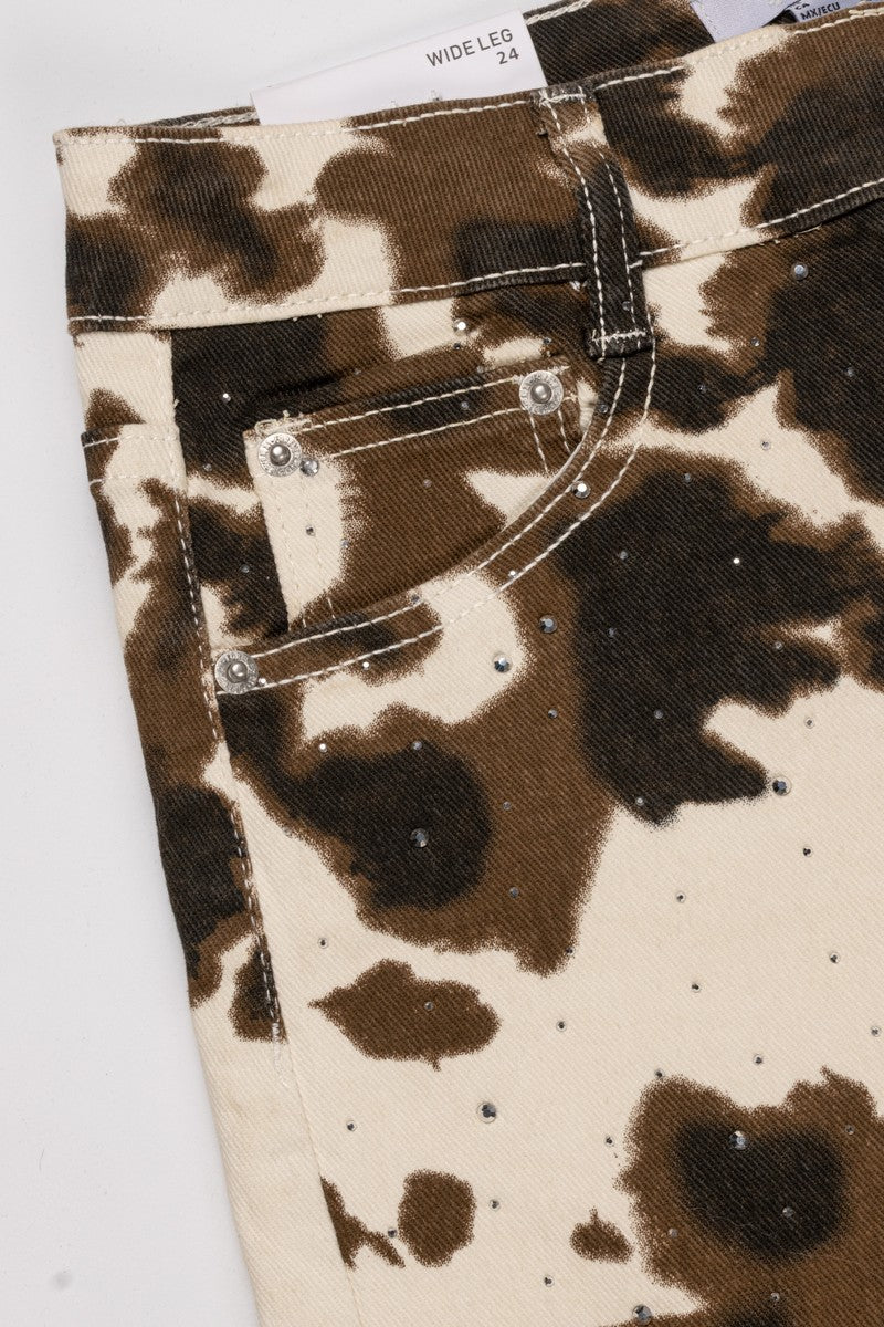 Cow Print Rhinestone Wide-Leg Jeans