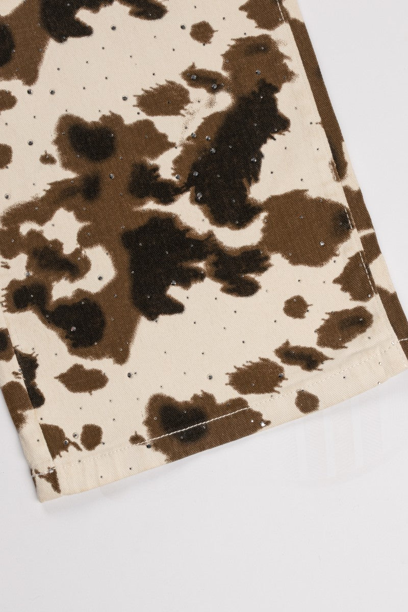 Cow Print Rhinestone Wide-Leg Jeans