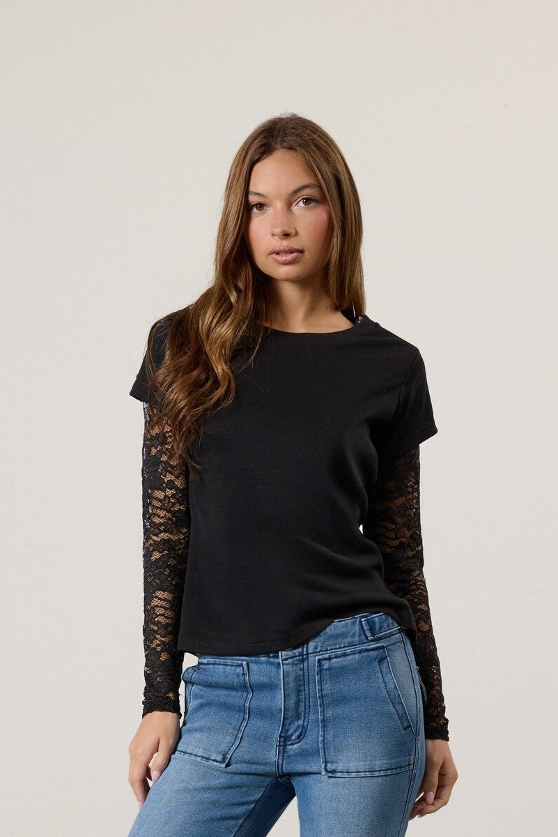 Layered Sheer Lace Long-Sleeve Tee in Black