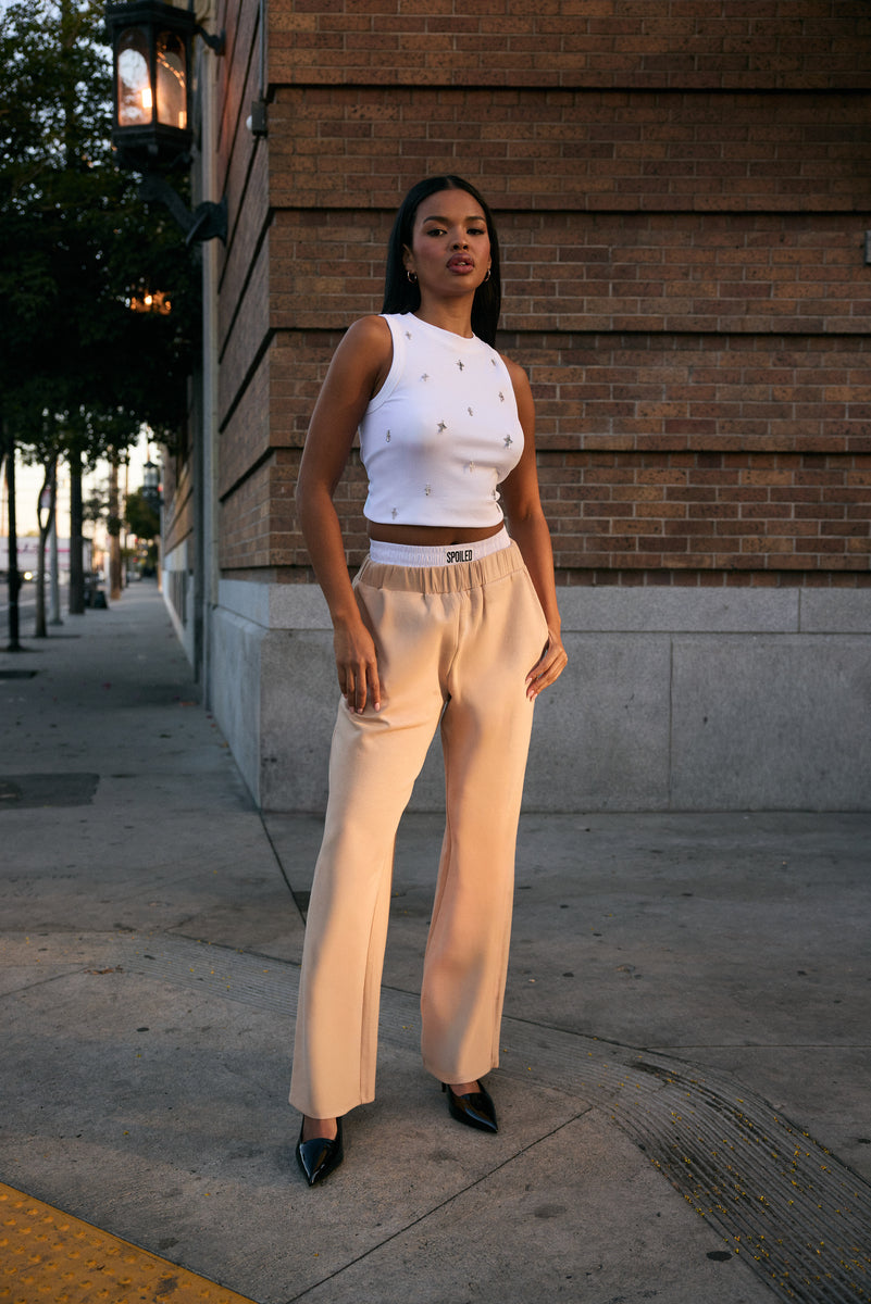Ponte-Knit Straight-Leg Pants in SAND