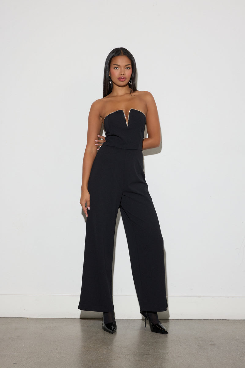 Rhinestone-Trim Strapless Jumpsuit in Black | Size: XL by Bonton Rhinestone-Trim Strapless Jumpsuit in Black | Size: XL by Bonton