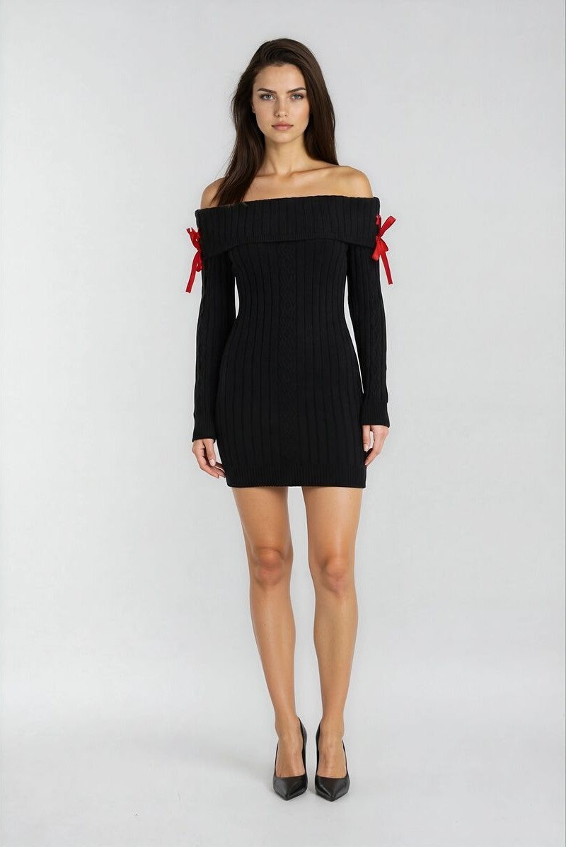 Sweet Ribbon Off-Shoulder Knit Dress Sweet Ribbon Off-Shoulder