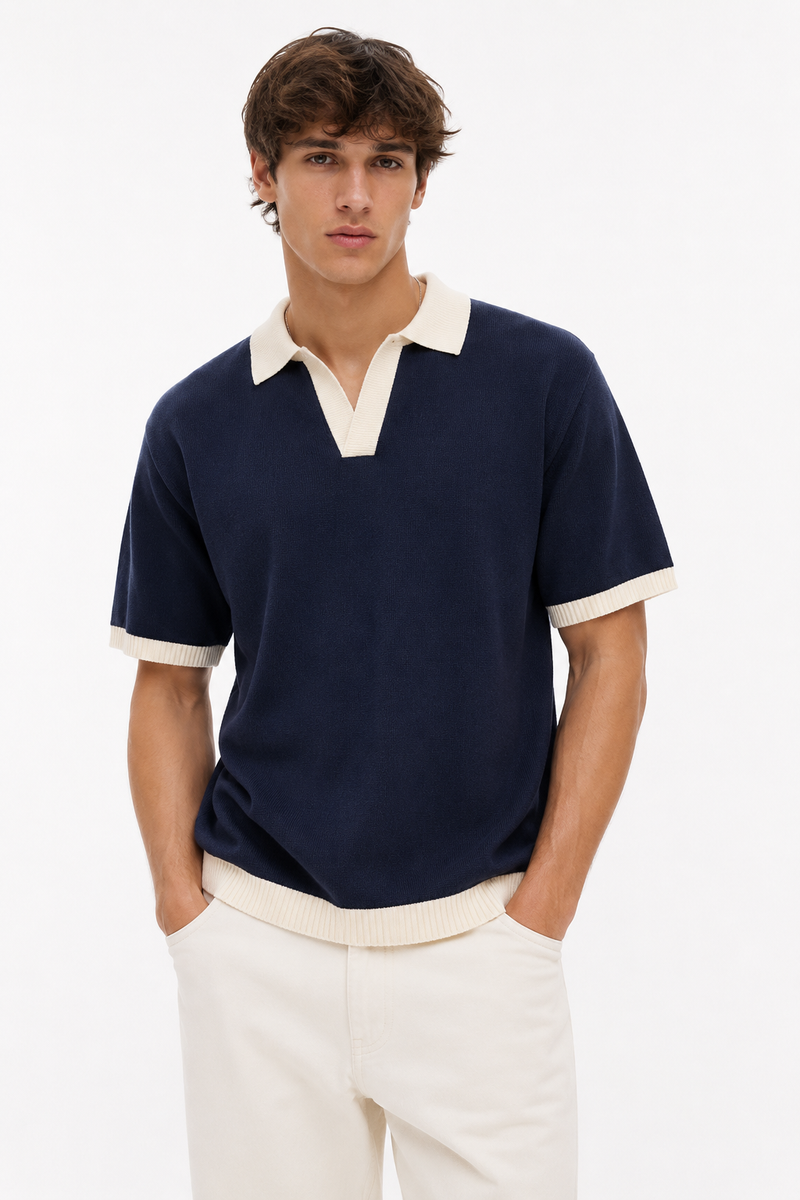 Contrast Trim Notch Neck Polo Shirt