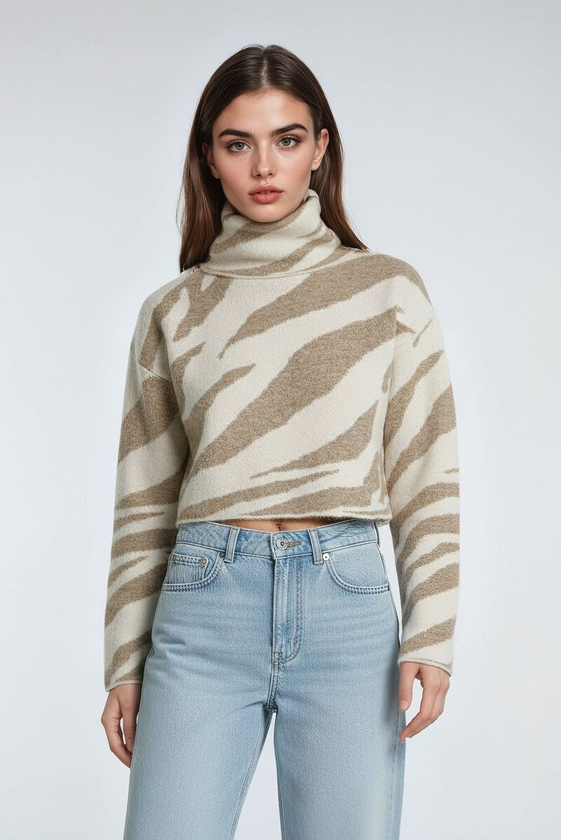 Zebra Print Cropped Turtleneck Sweater
