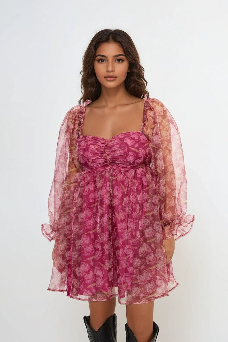 Floral Print Organza Mini Dress