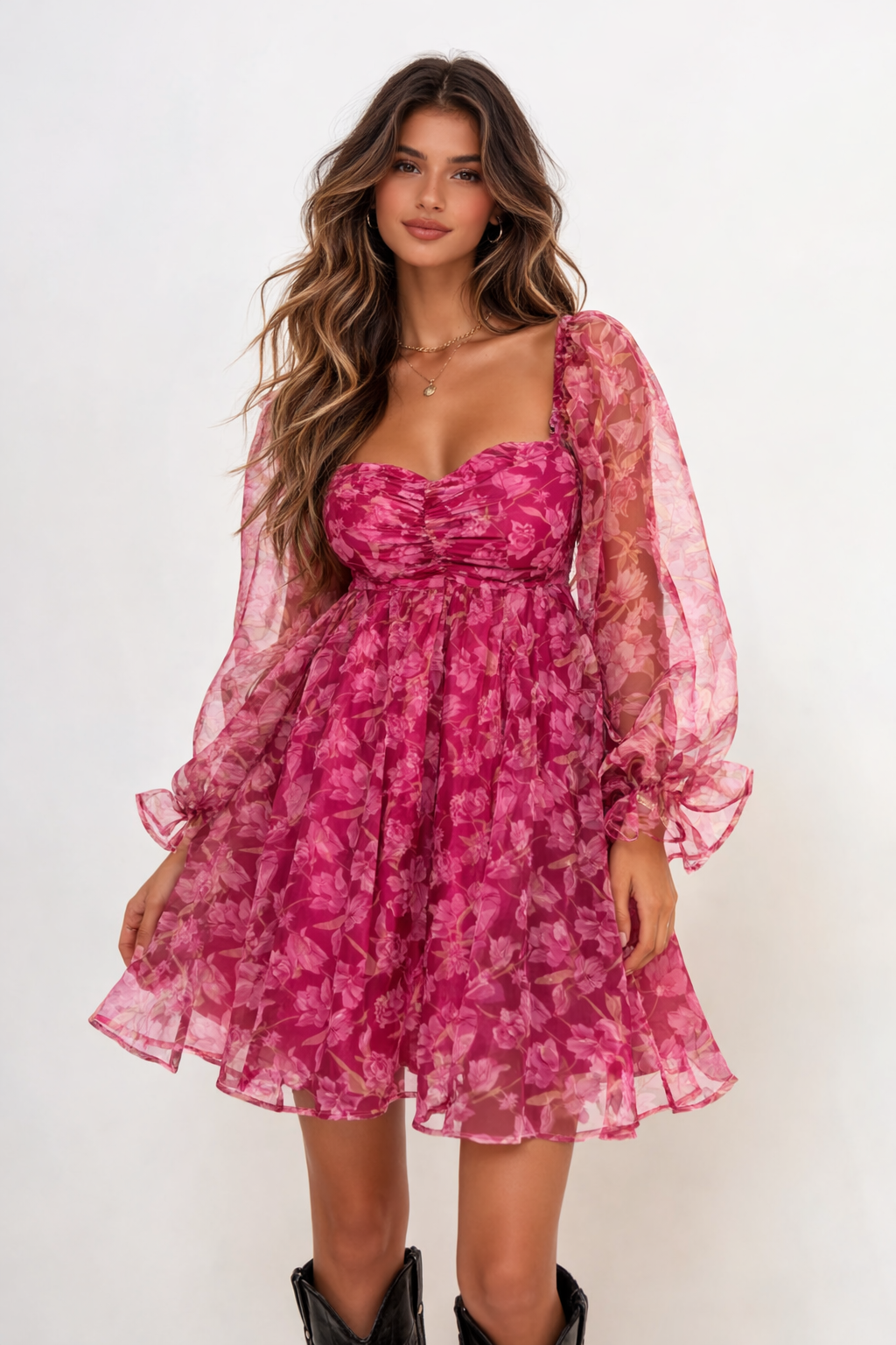 open lace back dress Floral Print Organza Mini Dress Magenta/Multi / XL