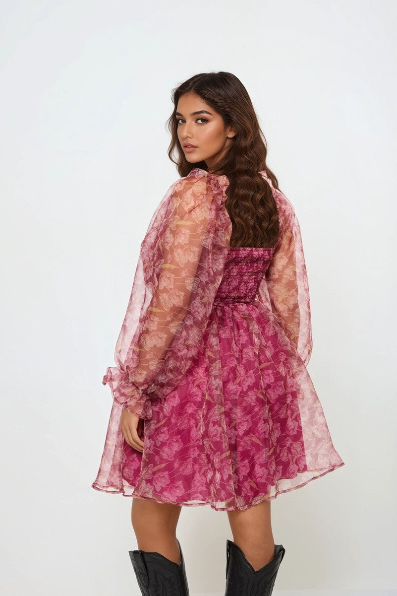 Floral Print Organza Mini Dress