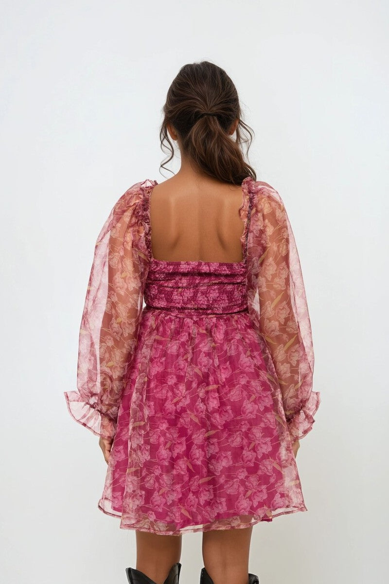 Floral Print Organza Mini Dress