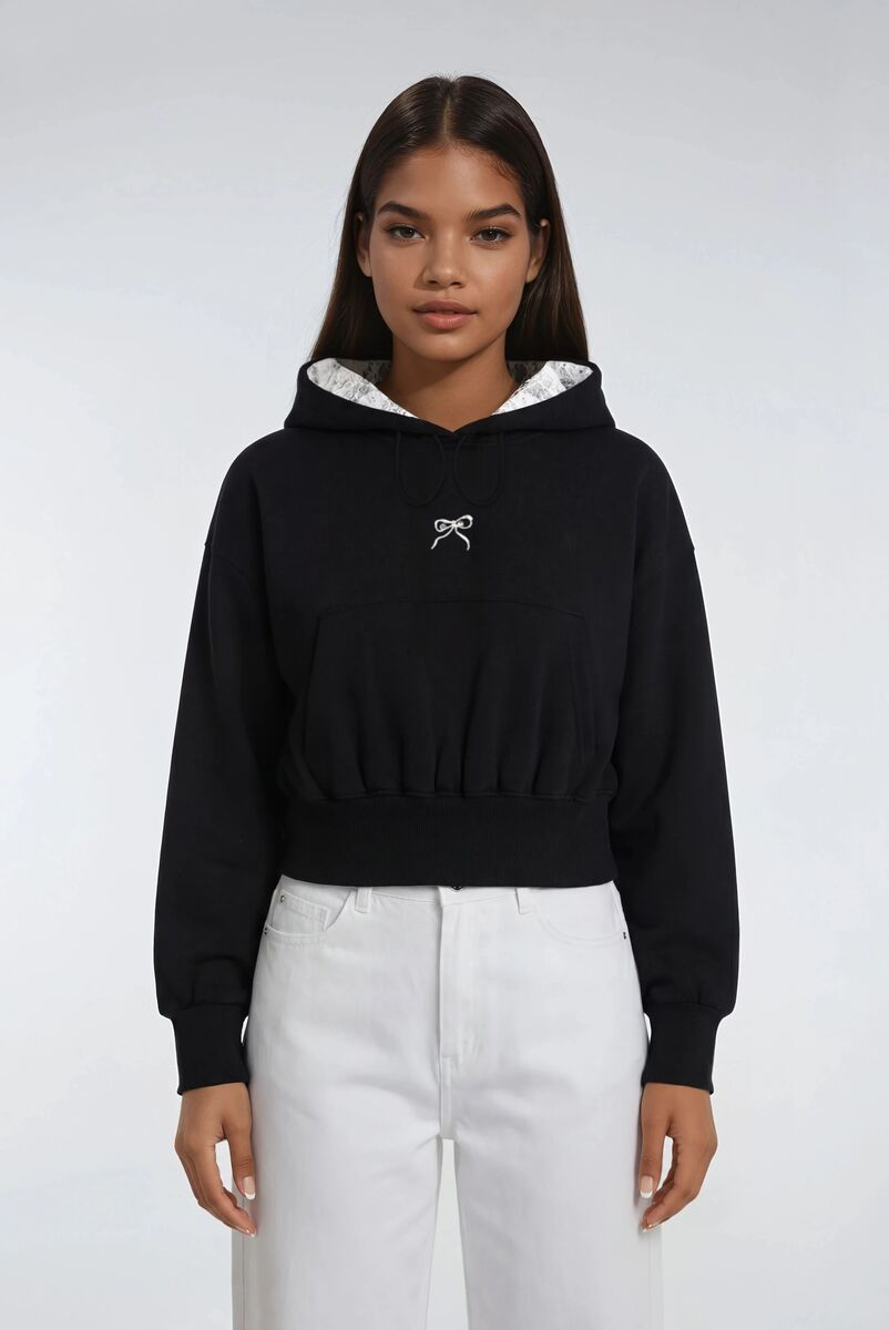 Cropped Lace-Lined Hood & Embroidered-Bow Hoodie