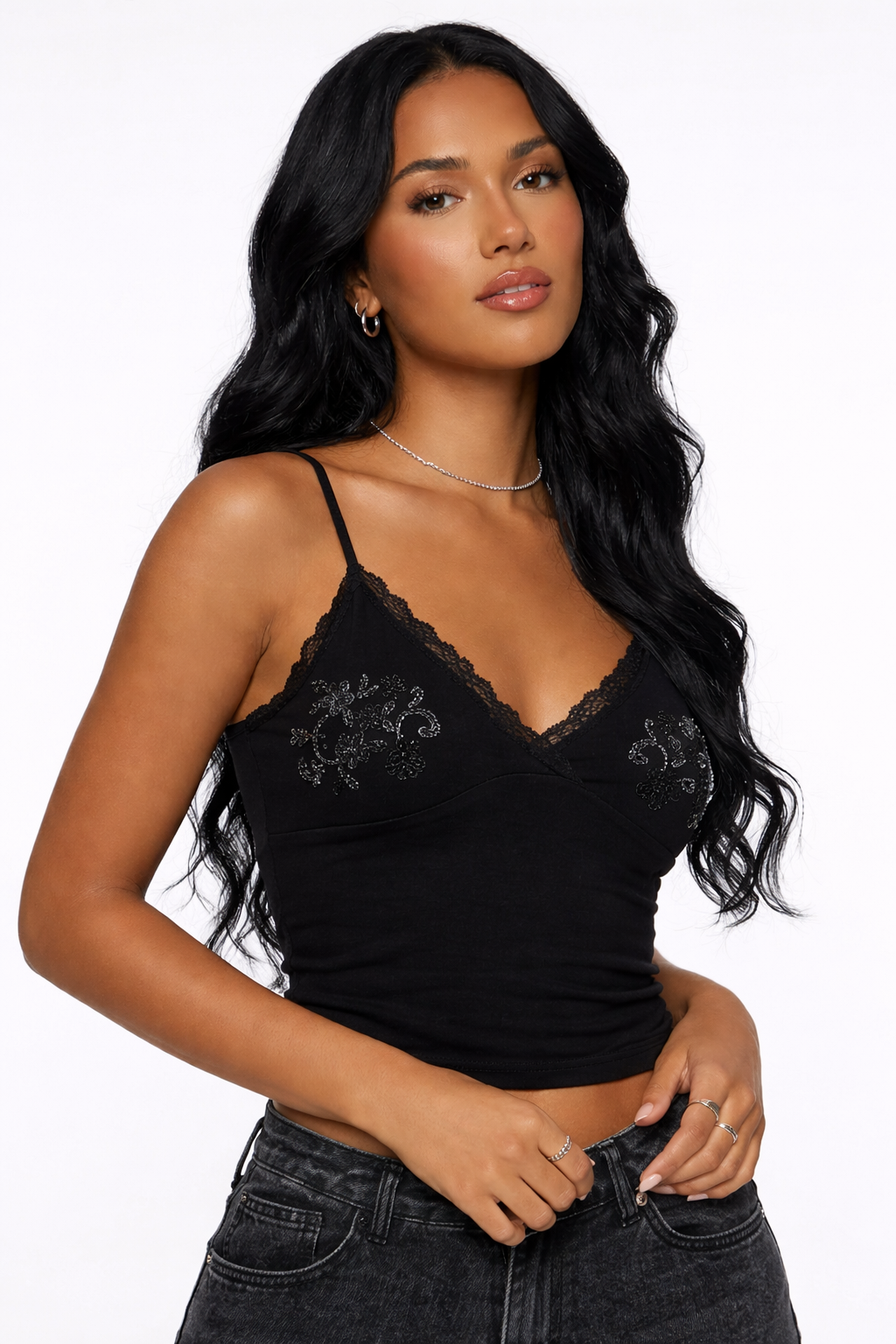 BEADED LACE TRIM TANK TOP