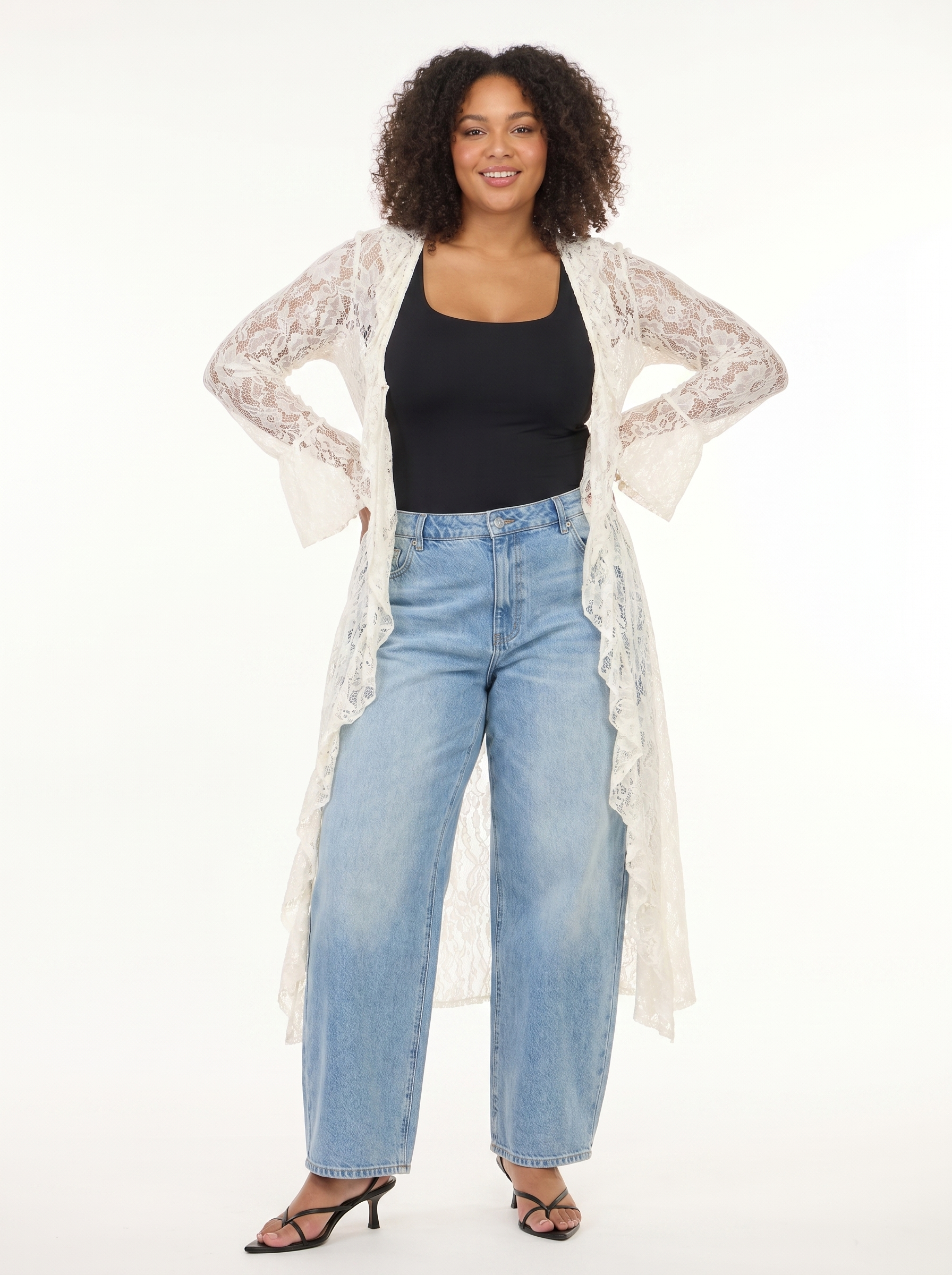 lace cardigans for dresses PLUS RUFFLED LACE CARDIGAN GARDENIA / 1X