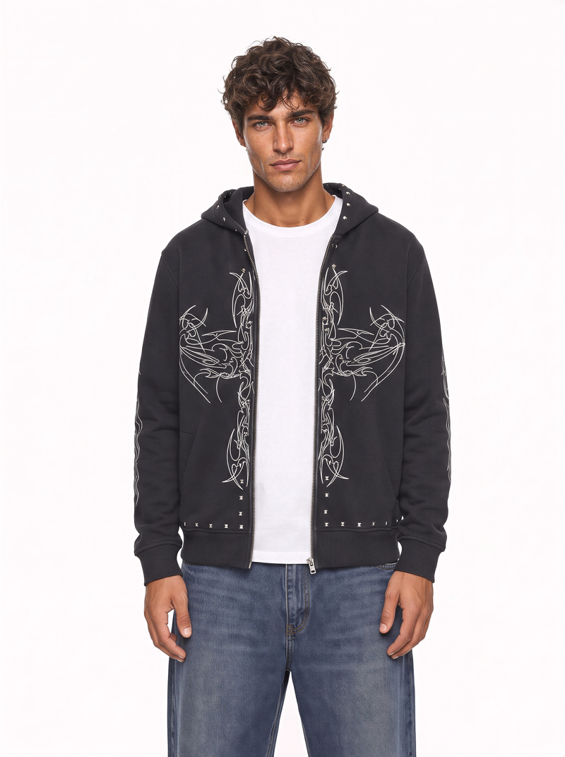 Graphic Full-Zip Hoodie With Studs
