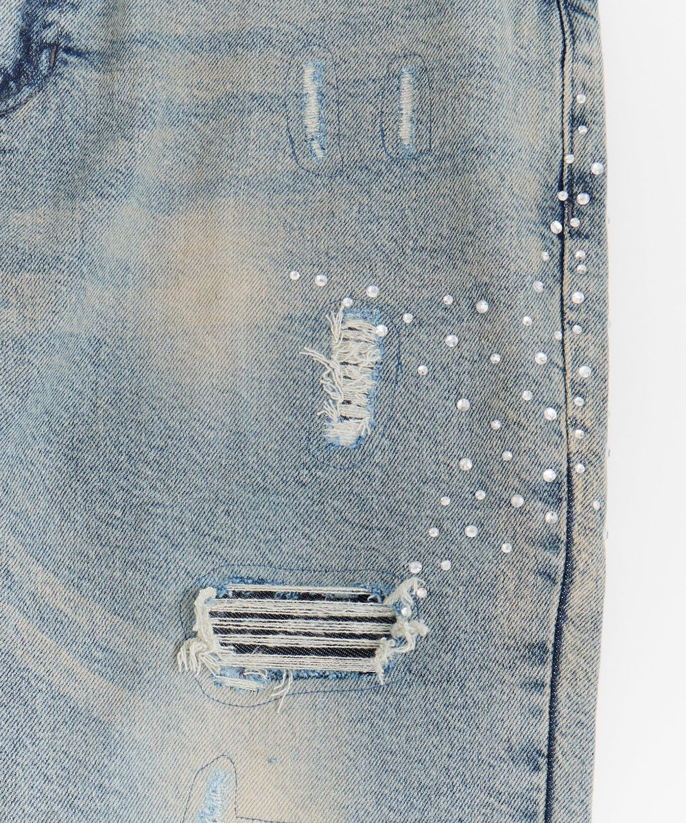 Skinny Fit Rhinestone Denim Jeans - Dark Blue