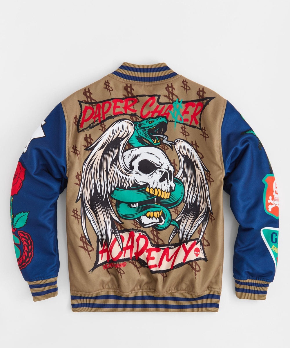 Paper Chaser Chenille Patched Varsity Jacket - Khaki