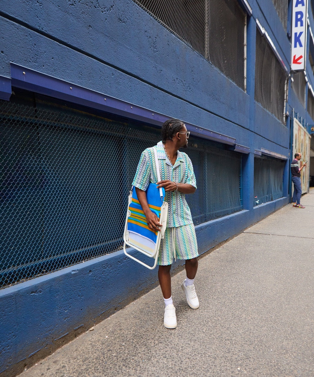 Textured Knit Short Sleeve Button Down Shirt - Light Blue