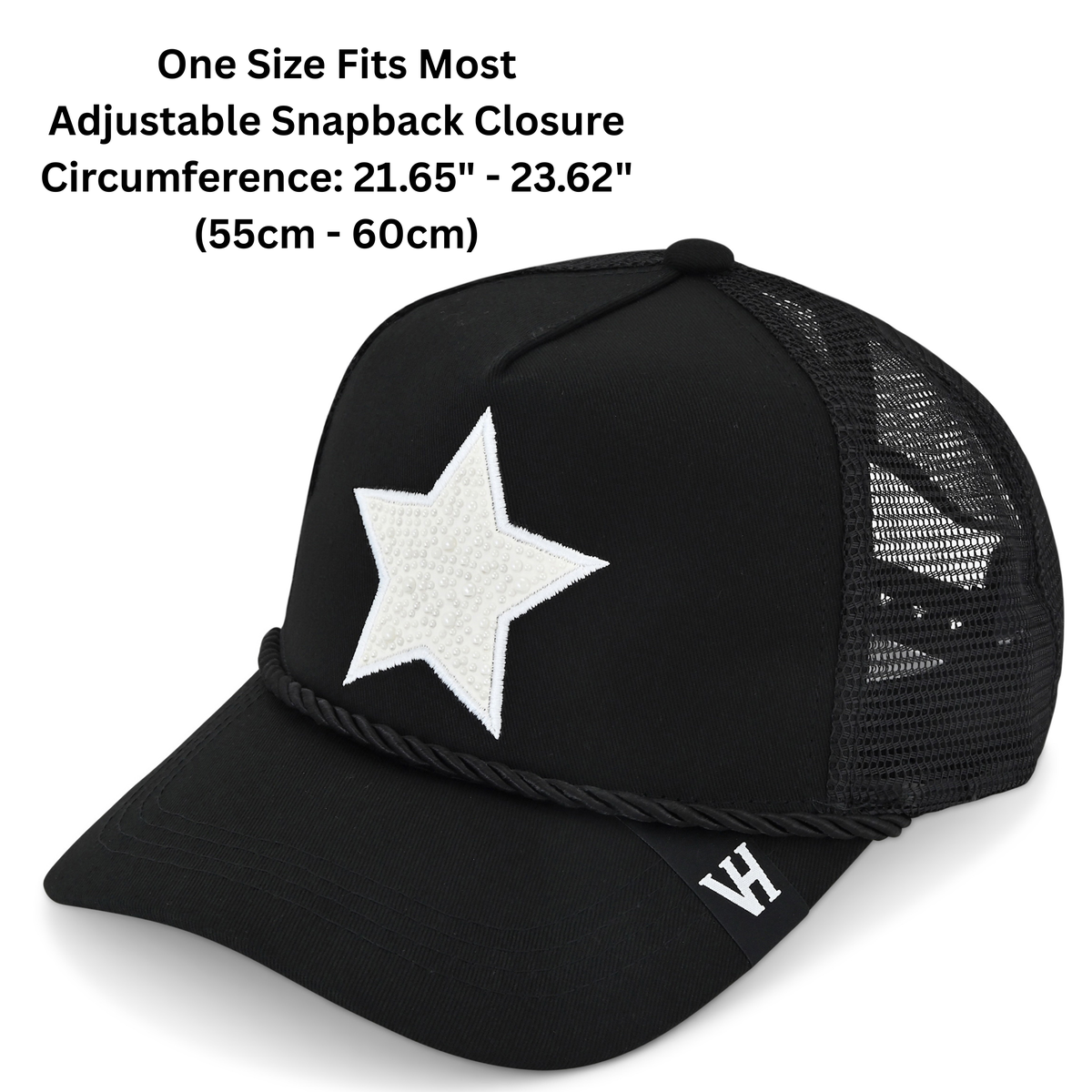 Vintage Havana Trucker Hat for Women – Black Mesh & Canvas Adjustable Cap With White Pearl Star & Rope