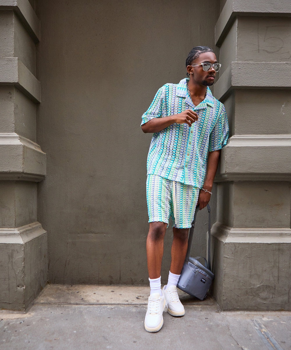 Textured Knit Short Sleeve Button Down Shirt - Light Blue