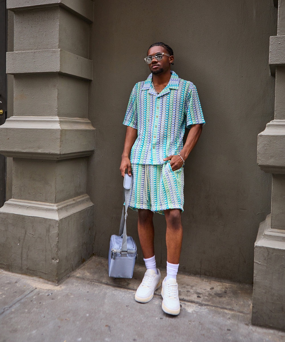 Textured Knit Short Sleeve Button Down Shirt - Light Blue