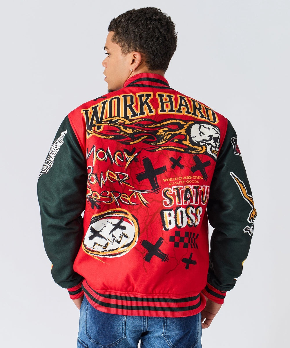 Work Hard Chenille Patched Varsity Jacket - Red