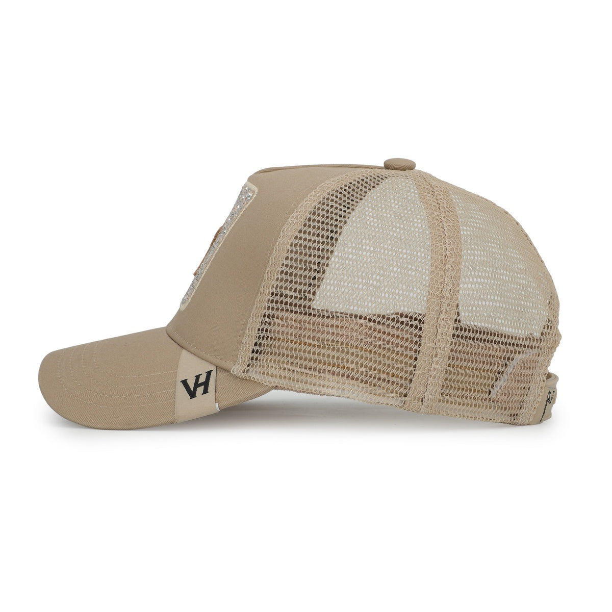 Vintage Havana Trucker Hat for Women – Khaki Mesh & Canvas Adjustable Cap With Glitter Patch & Crocodile Star