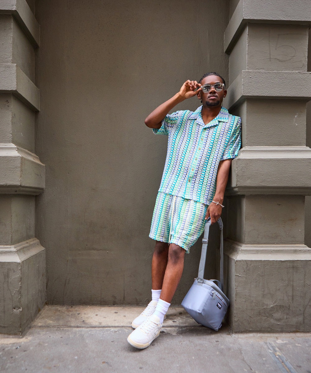 Textured Knit Short Sleeve Button Down Shirt - Light Blue